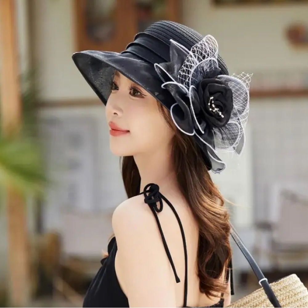 Chic Black Women's Hat with Floral Detail